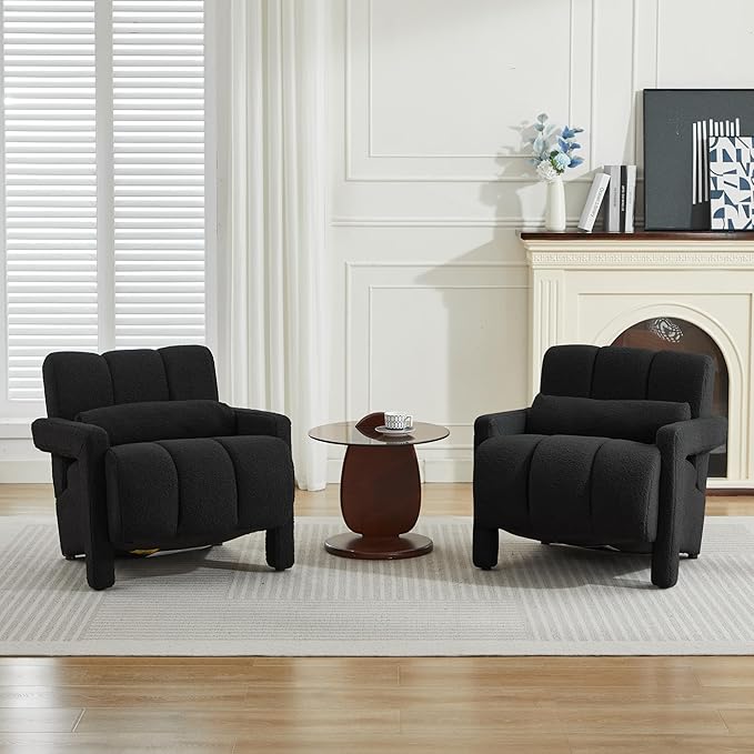 LOULENS Lambswool Accent Chair Modern Upholstered Sherpa Accent Chair Comfy Teddy Single Armchair with Pillow for Living Room Bedroom (Black)