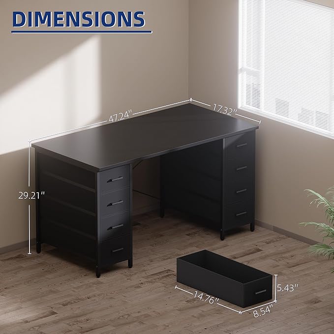 Pamray 47 Inch Computer Desk with 8 Fabric Drawers PC Gaming Desk Home Office Study Work Writing Table for Bedroom Pink