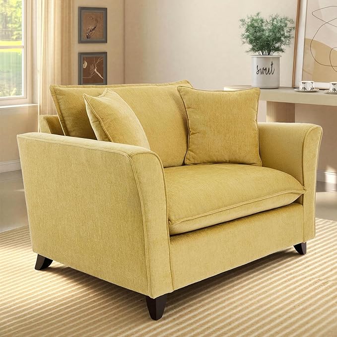 ERYE 46.9 Chenille Upholstered Accent Chair Wide Seat for Living Room Bedroom Modern Leisure Cushion Armchair W/ 2 Pillows and Removable Cover for Home Apartment Office