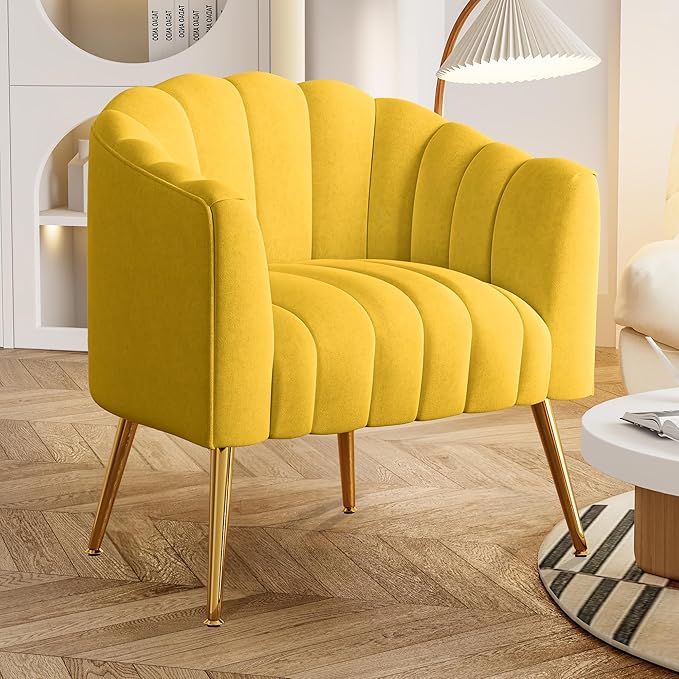 Oversized Pumpkin Couch Accent Chair Modern Comfy Velvet Upholstered Barrel Chairs Luxury Single Sofa Armchair for Living Room Waiting Room Office and Vanity (Yellow)