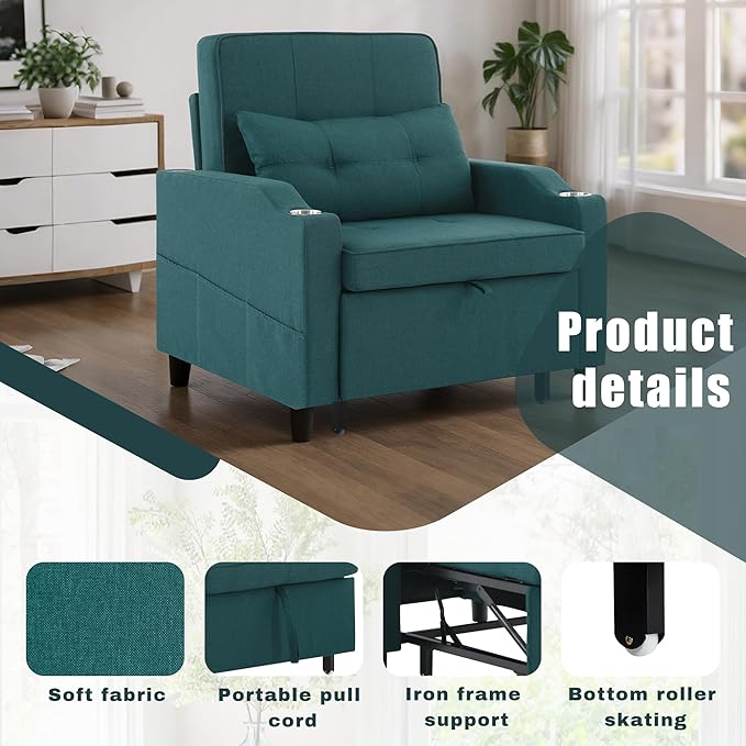 Sleeper Chair 5-in-1 Convertible Chair Bed Pull Out Adjustable Single Armchair Sofa Bed with USB PortsSide PocketCup Holder (Green)