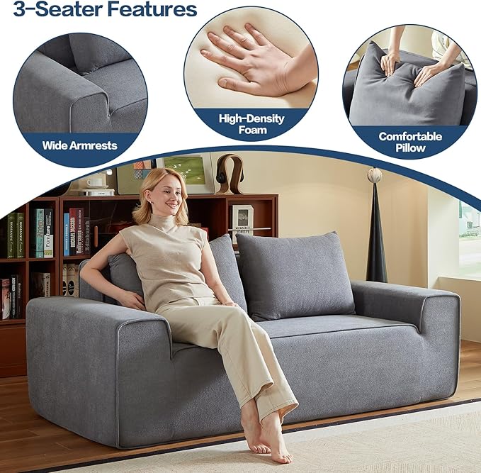 76 Memory Foam Couch 3 Seater Boneless Couh with Deep Seat Small Cloud Sofa for Living Room Office No Assembly Required Sofa (Grey Velvet)