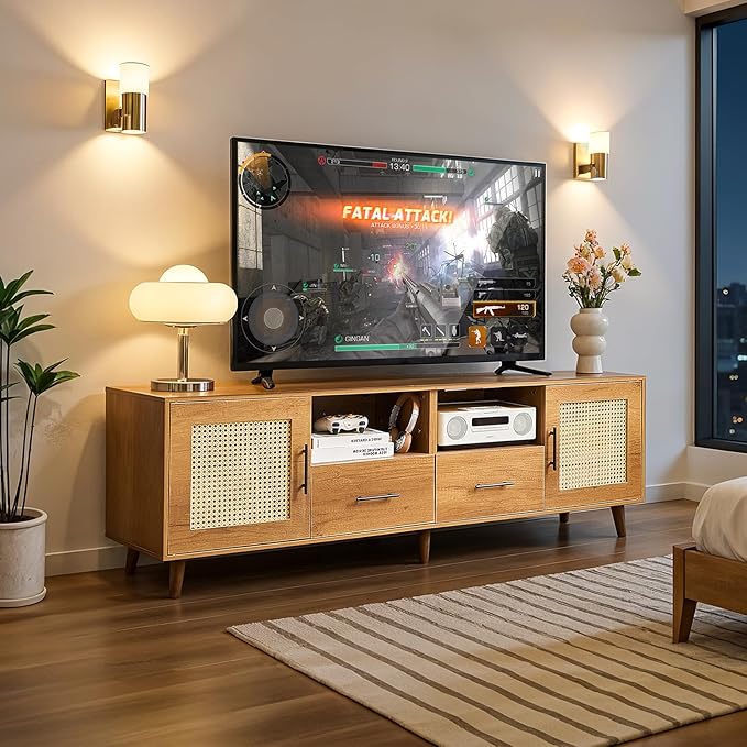 TV Stand for 70 Inch TV 63 Modern Entertainment Center with LED Light &amp Storage Shelves 2 Drawers and Cabinets Boho TV Stand with Outlet for Living Room (Oak)