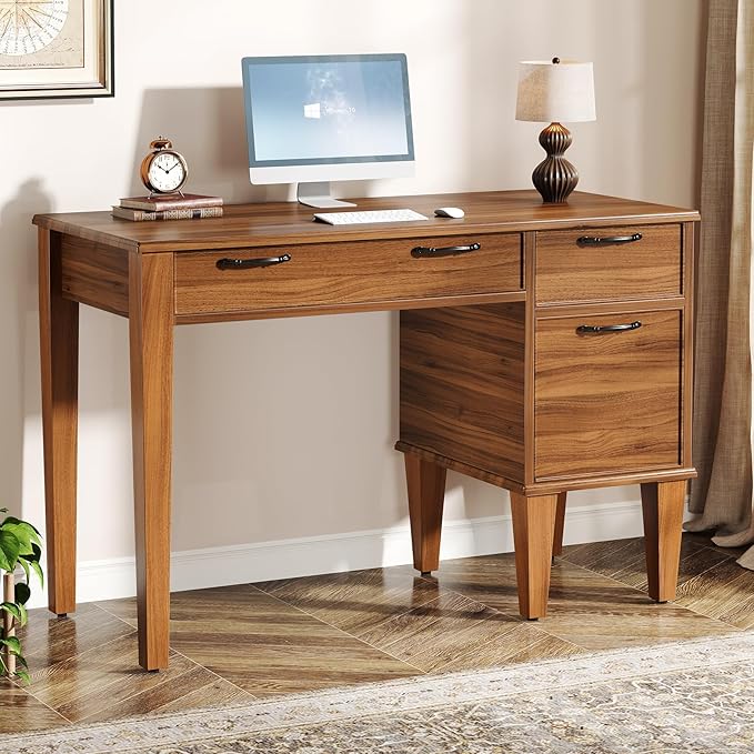 Tribesigns 47 Wood Computer Desk with 3 Drawers Farmhouse Small Office Desk with File Drawers Writing Table with Storage for Home Office Bedroom Study Room Brown