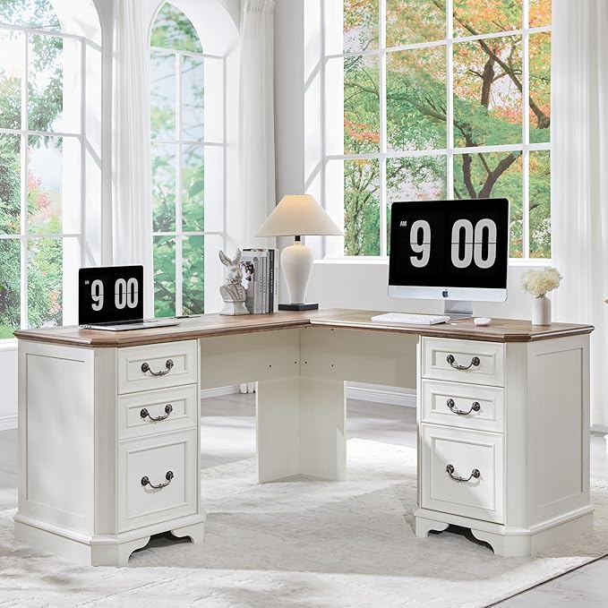 T4TREAM 59 Executive L Shaped Desk with DrawersFarmhouse Wood Computer Corner Desk Featuring Charging StationFile Drawer Storage Cabinetfor Home Office Work and Study (Antique White)