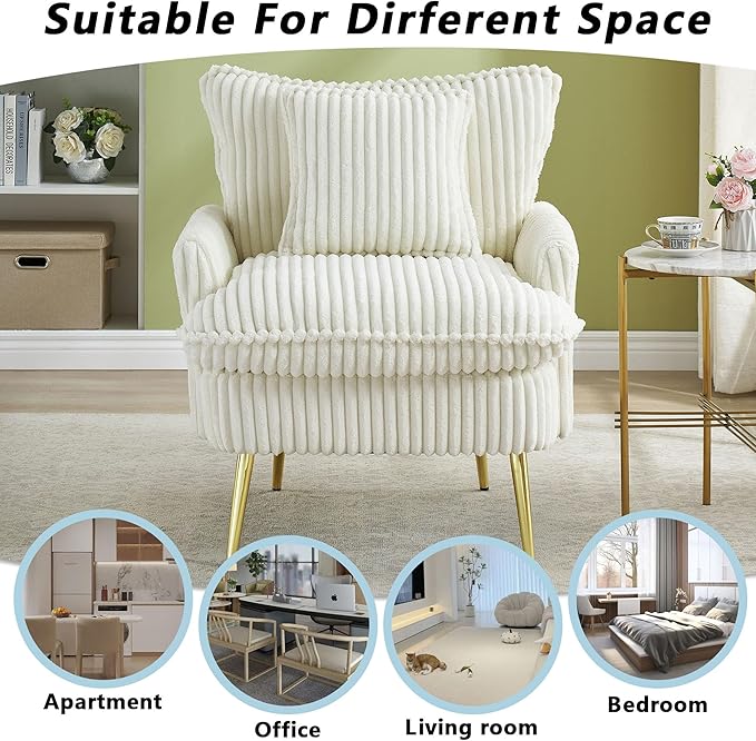 30 Beige Accent Chair Corduroy Accent Armchair with Soft Pillow &amp Gold Legs Comfy Upholstered Arm Chairs for Samll Space Living Room Bedroom 300 LBS Capacity (Beige)