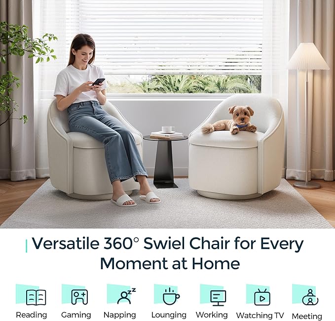 LINSY Swivel Accent Chair with Storage Comfy Chenille Barrel Chairs Small 360 Swivel Modern Armchair for Living Room Bedroom Boucle Reading Chair for Study Room (Beige)