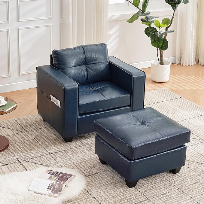 TYBOATLE Oversized Accent Chair with Ottoman Wide Chaise Lounge Chair Indoor Mid Century Modern Armchair with Pockets Leather Comfy Chairs for Bedroom Living Room Office (Blue)