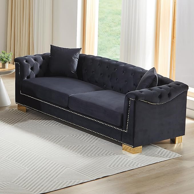 KEIKI 84 Chesterfield Sofa Upholstered 3 Seat Couch with Rolled Arm for Living Room Bedroom Office Black