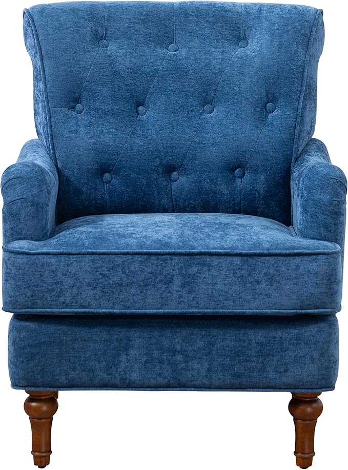 JOSHEN 35.5 Chenille Club Accent ChairUpholstered Fabric Sofa ChairReading Chair with Springs Cushions and Retro Wooden Legs for Living RoomBedroomOfficeBlue