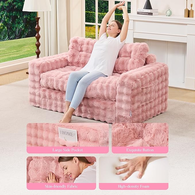 Hobestluk Sofa Couch Loveseat Sofa with Bubble Fabric 2-Seater Sofa for Small Spaces Comfortable Foam Floor Sofa 2 in 1 Boneless Couch for Living Room Bedroom Apartment or Office (Pink Loveseat)