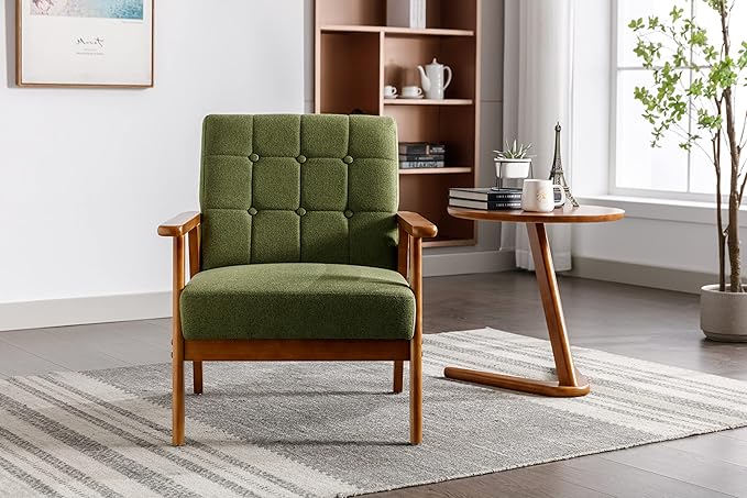 Leisure Chair with Solid Wood Armrest and Feet Mid Century Modern Accent Chair for Living Room Bedroom Studio Chair