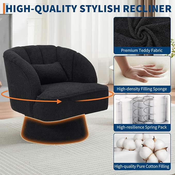 Swivel Barrel Chair - Teddy Bear Velvet Upholstered Modern Armchair with Striped Backrest &amp Plush Padding Round Lounge Chair for Living Room Bedroom Small Spaces Black - (1 Pcs)
