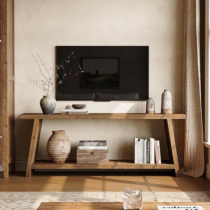 LITTLE TREE Solid Wood TV Stand Farmhouse Media Console for 55/60/65 inch TV 2-Tier Mid-Century Modern TV Stand with Storage for Living Room Entertainment Center (Walnut 63-Inch)