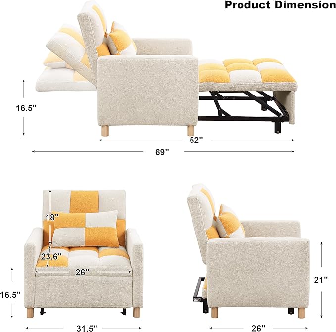Sleeper Chair Bed Multi-functional Convertible Chair Sleeper Teddy Fabric Adjustable Single Pull Out Sofa Bed with Lumbar for StudioDorm Apartment BedroomOfficeLiving Room (Beige&ampYellow)