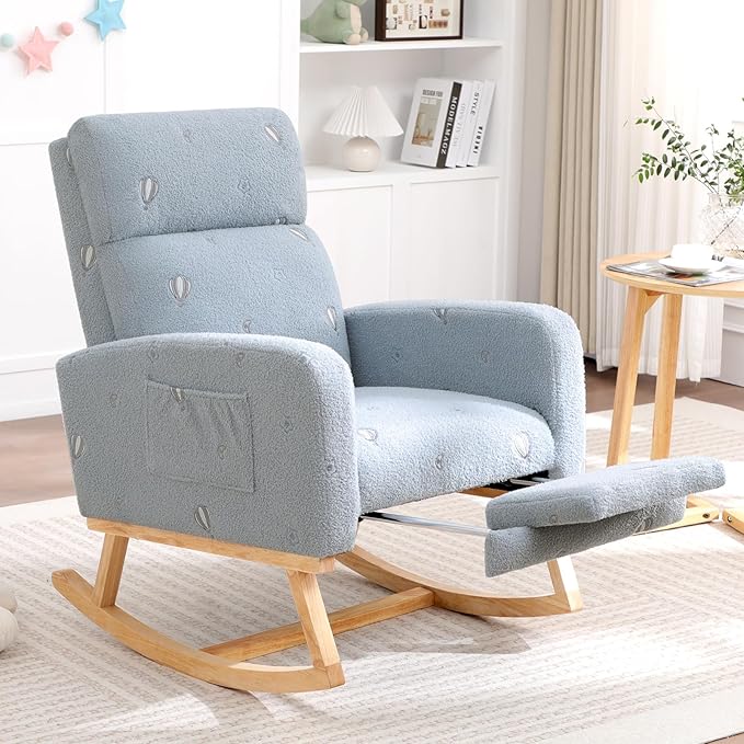 Rocking Chair Nursery with Foot Rest Nursing Rocking Chairs for Mom Breastfeeding Teddy Rocker Glider Chair with High Backrest for Living Room Bedroom Blue Printed