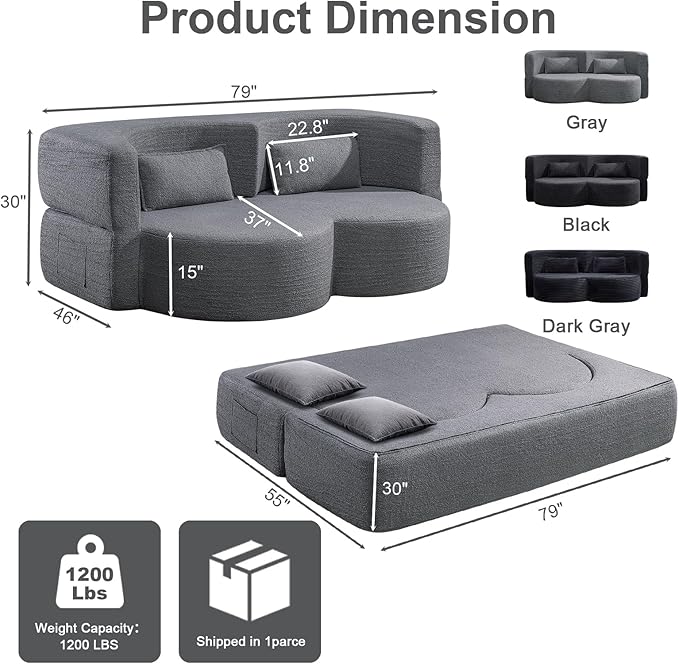 79 Inch Boneless Loveseat Sofa: 2-in-1 Convertible Teddy Velvet Cloud Double Sofa Minimalist Curved Cloud Sofa Bed for Living Room Apartment &amp Small Spaces (Gray)