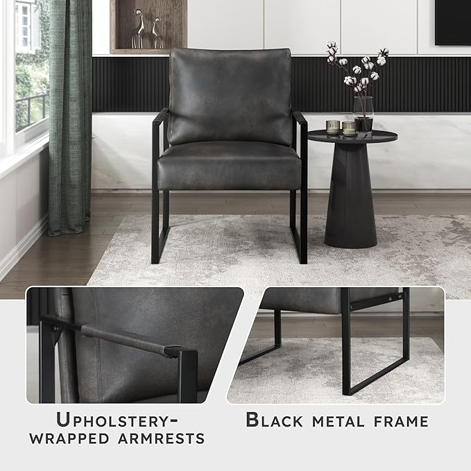 Lexicon Modern Accent Chair Faux Leather Upholstered Living Room Chair With Wrapped ArmrestsArm Chair With Black Metal FrameComfy Single Chair For Living Room/Bedroom/Reading Room/OfficeDark Brown