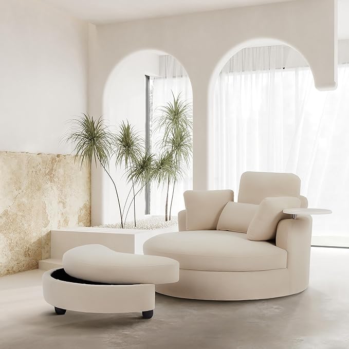 DEINPPA Swivel Accent Chair with Armrest Tray Round Barrel Chairs with Ottoman for Living Room Bedroom-Corduroy Fabric-Beige