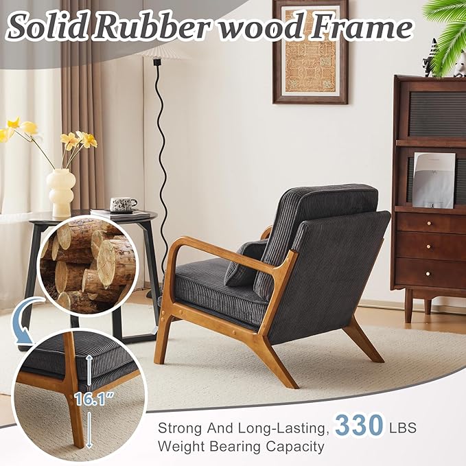 VINGLI Upgraded Premium Corduroy Accent ChairUpholstered Arm ChairSolid Wood Comfy Reading Chair with Lumbar Pillow Mid Century Modern Chairs for Living RoomBedroomDark Grey
