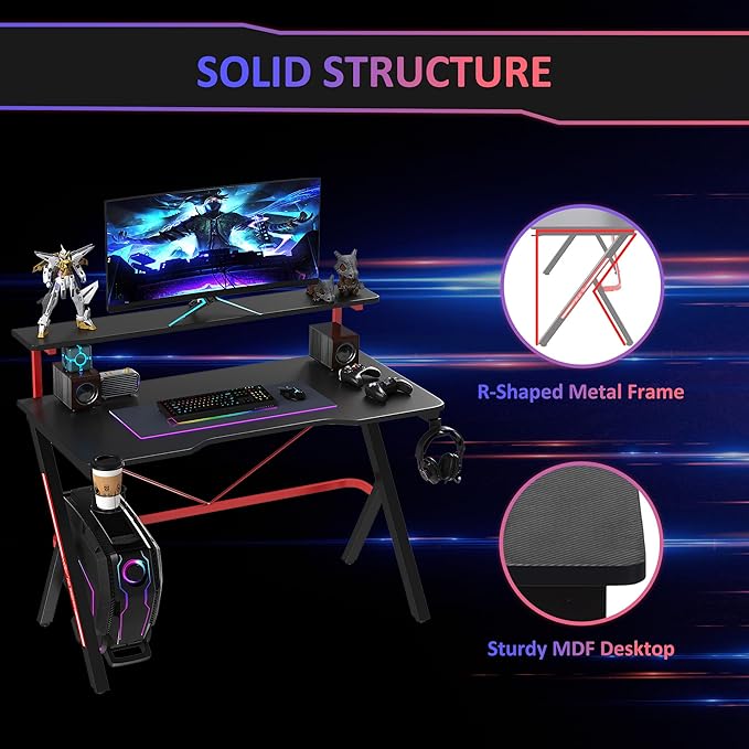 47 Inch Gaming Desk Racing Computer Desk Home Office Workstation with Elevated Monitor Shelf Rotatable Cup Holder Headphone Hook Black