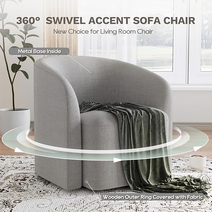 COLAMY Swivel Accent Chair Modern Barrel Round Chair Upholstered Comfy Living Room Chair with Armrest Armchair for Reading Room/Bedroom/Waiting Room/Office No Assembly Grey