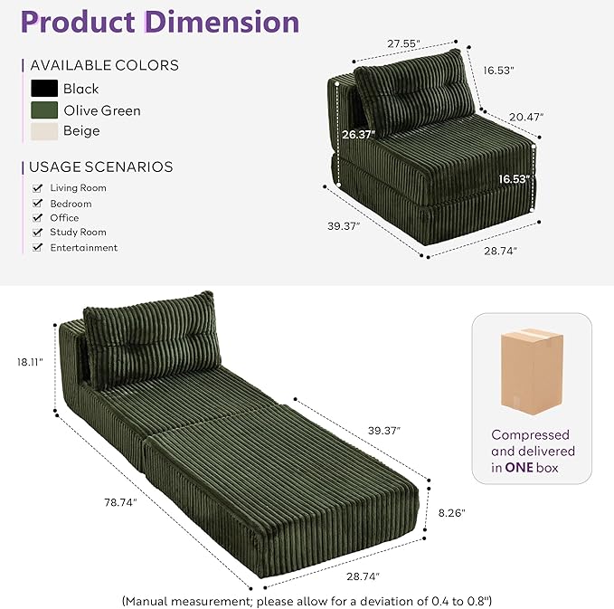 TYBOATLE Folding Sofa Bed Convertible Sleeper Chair with Back Support and Pillow Fold Out Floor Chair Bed Comfy Foldable Mattress Futon Couch for Living Room Bedroom (Forest Green Single Seat)