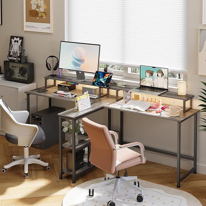 MUTUN Two Person Desk with LED Light 83.7 Inch Computer Office Double Desk with Monitor Stand and Power Outlets Rustic Writing Table Workstation with Shelves Long Desks for Home Office Grey