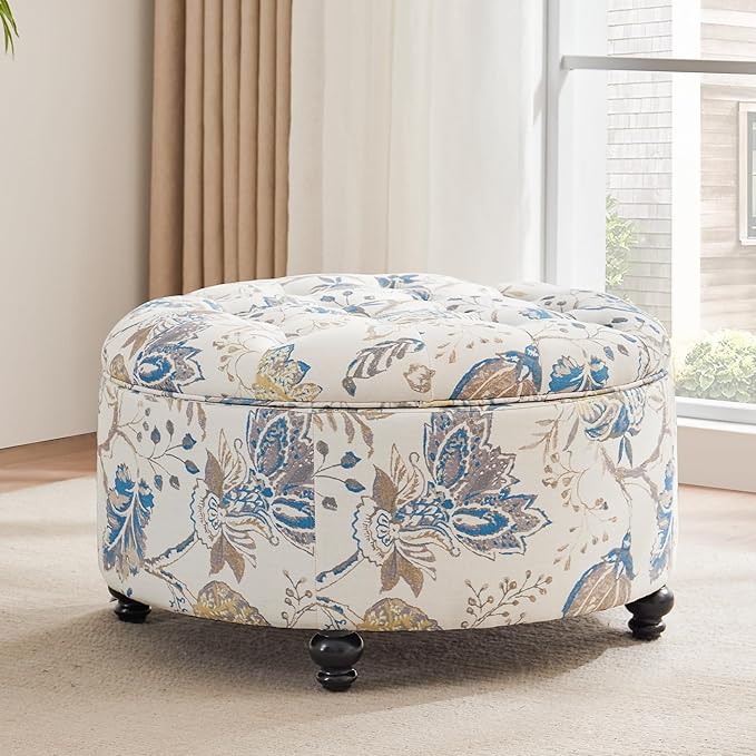 HUIMO 30-Inch Round Storage Ottoman Modern Button Tufted Coffee Table with Removable Top Upholstered Ottoman with Storage Footrest Stool for Living Room Bedroom and Office(Blue Flower)