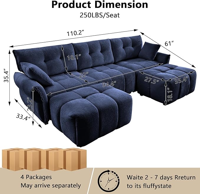 Aoowow Modular Sectional Sofa with Movable Ottoman 110.2” Chenille U Shaped Sofa Couch Upholstered Comfy 3-Seater Couches with Pillows for Living Room Apartment OfficeBlue