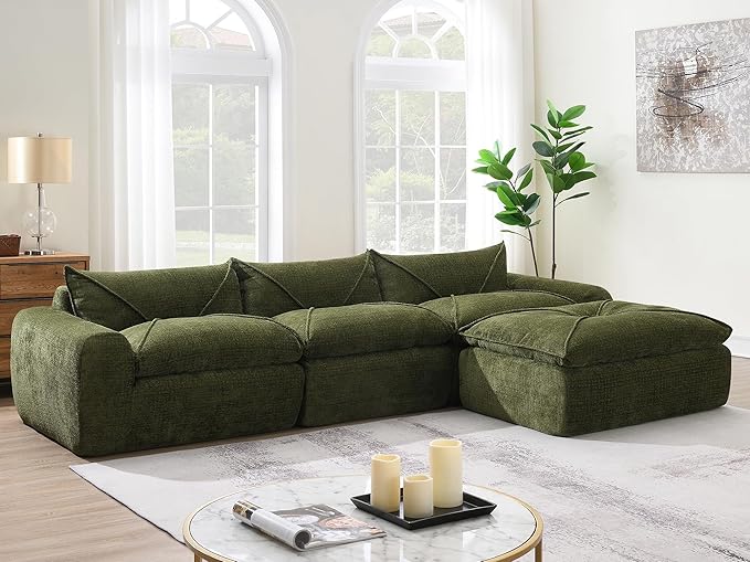 116'' Oversized Modular Sofa Fully Compressed 4 Seat Spacious Foam-Filled Sofa Bed for Living Room Free Combination Friendly Design L-Shaped Comfy Couches No Assembly Required (Green-QJ88)