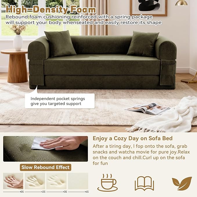 Convertible Folding Sofa Bed78.5 Inch Faux Leather Futon Couch with Pillows &amp Storage Pocket5-in-1 Queen Sleeper Sofa in a Box with Pull Out BedBoneless Couch for Living Room BedroomGreen