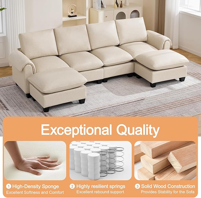 118 Faux Leather Modular Sectional Sofa with 2 Ottoman Oversized 4 Seater Couch with Curved Armrests Cloud Modern U-Shaped Sofa Deep Seat for Living Room Beige