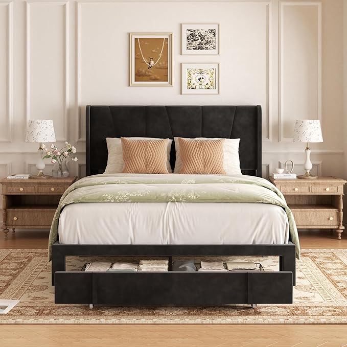 Full Bed Frame with Storage Drawers Velvet Upholstered Full Size Platform Bed with 47 Tall Headboard and Wingboard No Box Spring Needed Noise Free Easy Assembly Wooden Support Slats Black