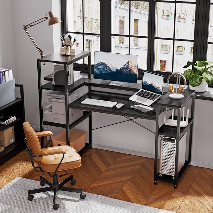 Computer Desk with Storage Shelves 63 Inch Office Desk with Monitor Stand Gaming Desk with CPU Stand for Study Writing PC Work Gaming Black