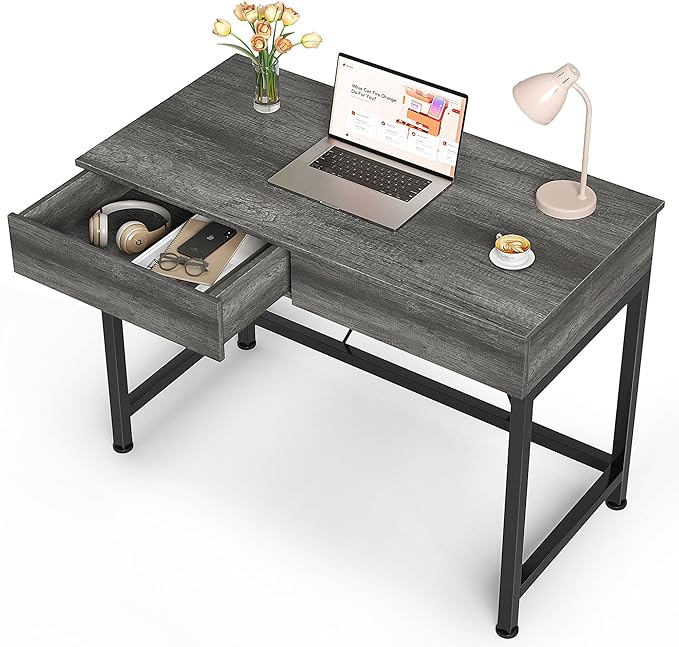 Mexin Small Desk with 2 Wooden Drawers 40 Inch Home Office Writing Desk Vanity Desk with Storage Computer Desk for Bedroom Small Spaces Table for Office Work Kids Study Makeup Gray Oak