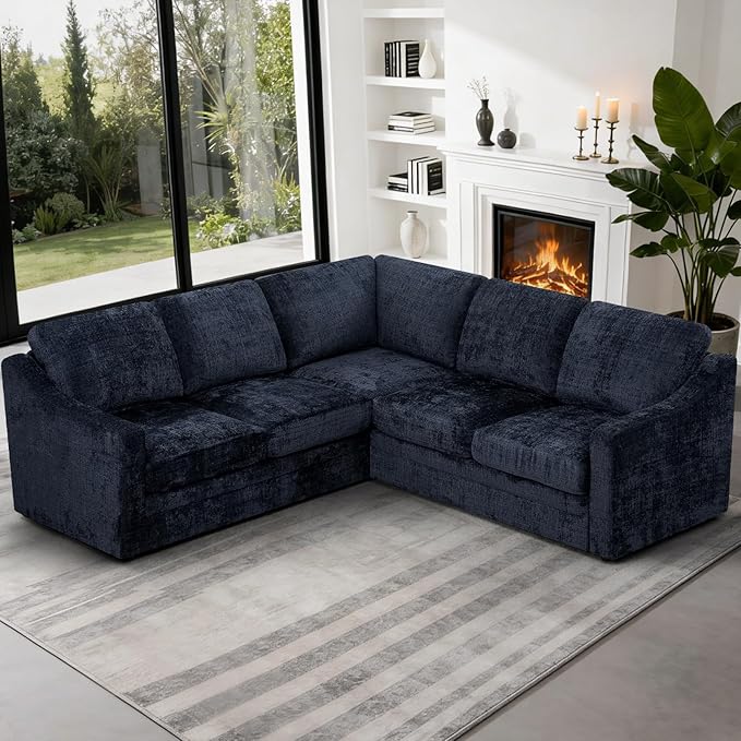 89 Inches Chenille Sectional Sofa with High Density Sponge Modern 5 Seats Corner Couch with Deep Seat Comfy Modular L Shaped Couch with Comfortable Back Cushions for Living Room Blue