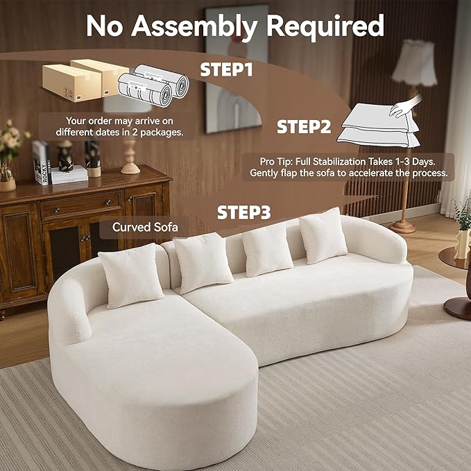 105.5 Boneless Curved Couch L Shaped 4-Seater Cloud Couch with Deep Seat Chaise Oversized Curved Sofa Chenille Modular Sectional Couches for Living Room No Assembly Beige