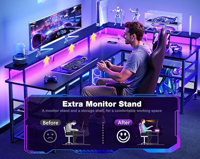ODK 66 L Shaped Gaming Desk with Power Outlet and LED Lights PC Gaming Table with Carbon Fiber Texture Reversible L Shape Desk with Storage Shelves &amp Monitor Stand Home Office Desk Black