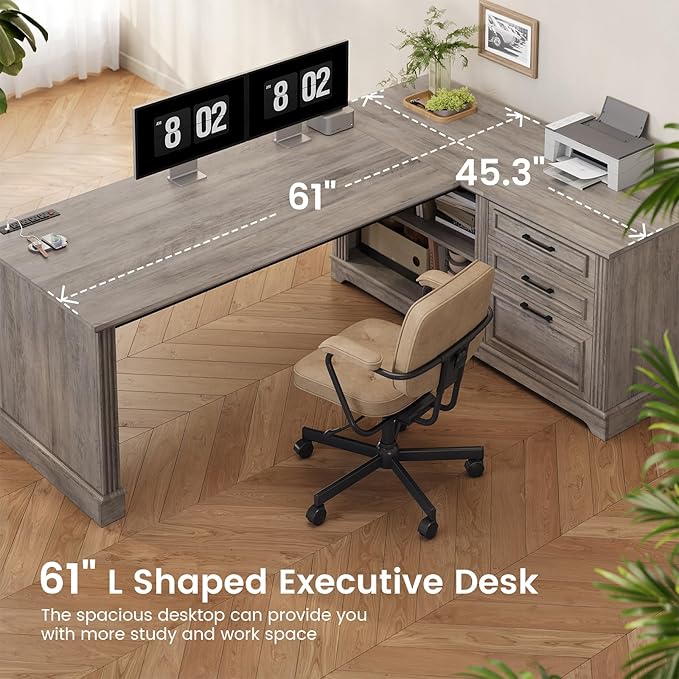 SEDETA Executive Desk 61 Farmhouse L Shaped Desk with File Drawers Office Desk with Drawers and Power Outlets Computer Desk with Storage Shelves for Home Office Grey