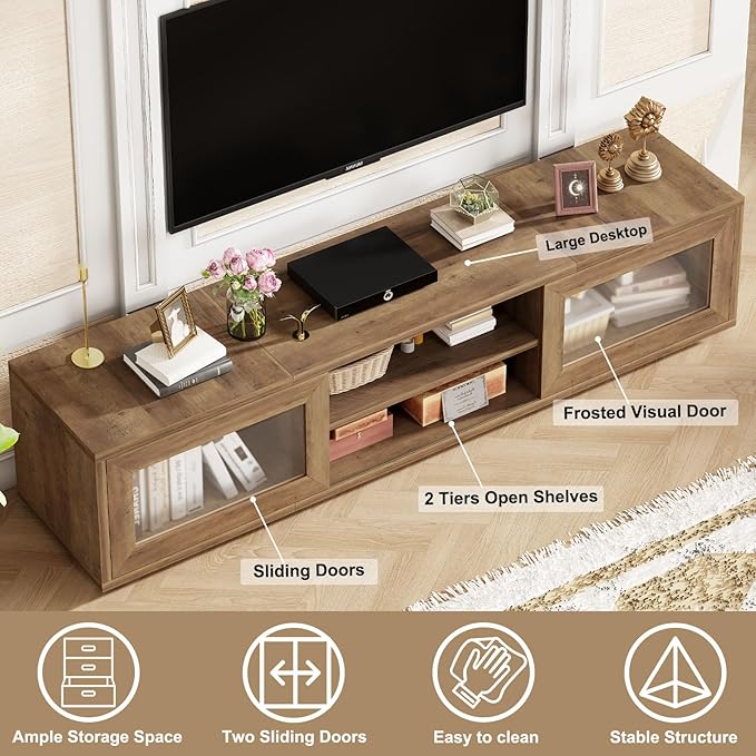 HSH 70 inch TV Stand for 75 TVEntertainment Center for Living Room Under TV Storage CabinetLow Modern TV Media Console Wood with Sliding Doors for BedroomRustic Oak