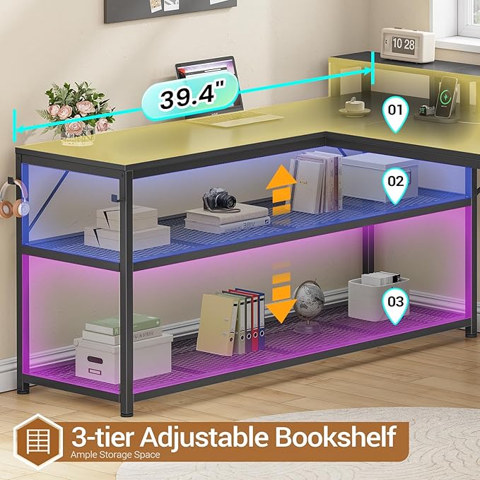 SEDETA 67 L Shaped Desk with Drawers Computer Office Desk with Storage Shelves &amp Power Outlet Reversible Gaming Desks with LED Lights for Home Office Black
