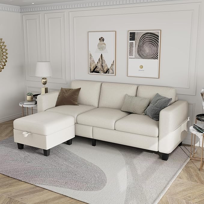 Sectional Sofa Couches for Living Room - L Shaped Cloud Couch-Small Modular 3 Seat-Comfy Linen with Storage Deep Seat SofaWashable Covers-Suitable for Living Room-Apartment-Office-Beige