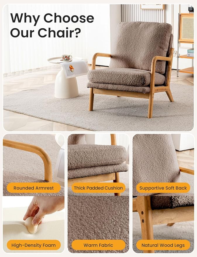 Mid Century Modern Accent Chairs for Living Room 23” Wide Comfy Chair for Bedroom Small Cozy Sherpa Reading Chairs for Adults 108° Lounge Arm Chair Indoor with Detachable Cover 5.5 Foam Cushion