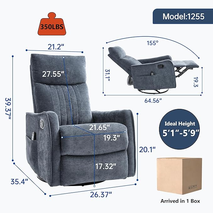 KEIKI Swivel Rocker Recliner Chair with Massage and Heated Pad for Nursery Soft Fabric Glider with 360 Degree Rotation and Manual Recline