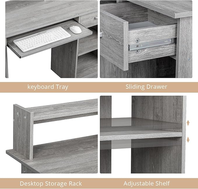 Karl home Computer Desk Study Writing Desk Wooden Home Office Workstation PC Laptop Table with Drawer Shelf Keyboard Tray Grey