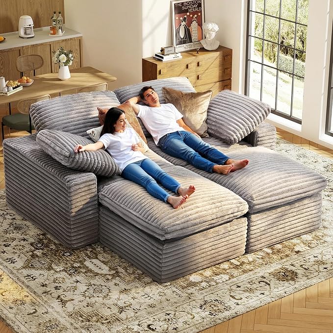 KKL 85 Sectional Modular Boneless Sofa Bed 4 Seater Cloud Couch with Ottoman Corduroy Sectional Couches for Living Room Bedroom Grey