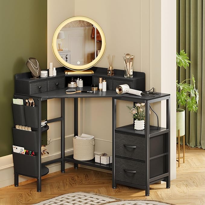 Corner Desk with 6 Drawers Shelves for Small Space Computer Desk with Power OutletsGaming Desk with Printer Monitor Stand Storage for Home Office Workstation Writing Table (Black 31.5)