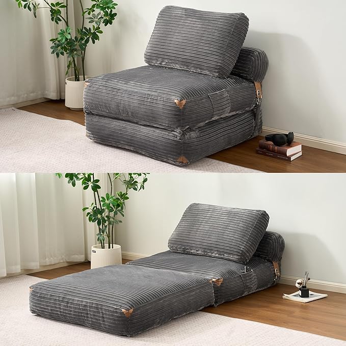 Folding Sofa BedComfy Sleeper Chair Foldable Mattress with Pillow &amp Back SupportPortable Fold Out Chair Bed Floor Convertible Lounge Sofa Couch for Living Room Bedroom (Grey)
