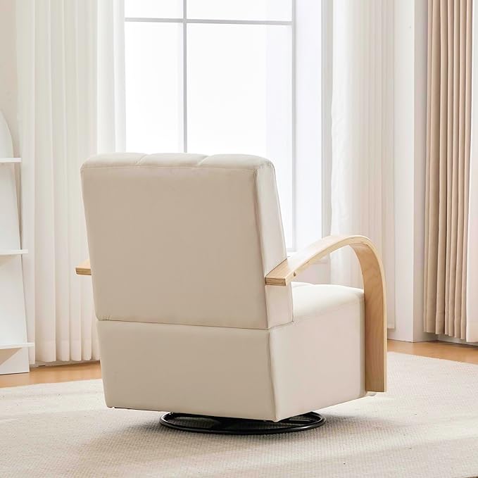 30.3 W Swivel Modern Boucle Upholstered Accent Chair with Solid Wood Armrests Comfy Lounge Reading Chair Side Armchair for Hotel Bedroom Living Room Office Nursery Room (Beige+PU)